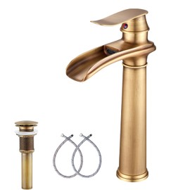 Antique Brass Bathroom Faucet GGStudy Single Handle 1 Hole Farmhouse Waterfall Bathroom Vessel Sink Faucet Matching with Pop Up Drain
