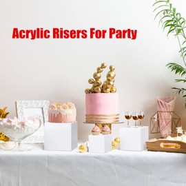 Cliselda 3pcs White Acrylic Display Boxes , Acrylic Display Stand Risers Acrylic Cube Plastic Display Box with Hollow Bottoms for Cupcake Candy Dessert Buffet Collectibles Jewelry