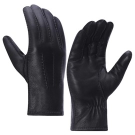 Meetoget Men's Deerskin Leather Gloves Winter Dress Leather Gloves With Warm Cashmere Lined CAM04,Black,Size M