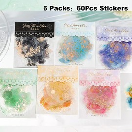 AuriicLeaf Watercolor Floral PET Sticker Set, 60PCS Gold Foil Flower Stickers for Scrapbooking, Journaling, DIY Crafts, Decorative Collage, Planner, and Art Supplies