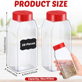 Mifoci 28 Pack 16 oz Plastic Spice Jars with Cap Square Plastic Bottle Containers with Shaker Lids and Stickers Large Seasoning Shaker Empty Powder Storage Container for Storing Salt Herbs (Red)