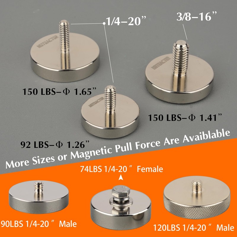 MUTUACTOR 150lb Heavy Duty Neodymium Pot Magnet,Anti-Scratch 3/8-16” Male Thread