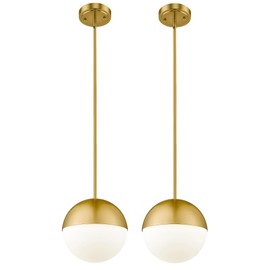 AUTELO 2 Pack Brushed Gold Pendant Lights, 8 Inch Glass Pendant Lights Kitchen Island with Milky White Globe Glass Shade, Mid Century Modern Adjustable Rods Kitchen Lamp, H9255 MGBG-8-2PK