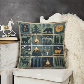 ITFRO Set of 2 Birthday Gift Nature Wildlife Bear Deer Forest Bonfire Pine Tree Short Plush Both Sides Square Retro Checkered Throw Pillow Cover Cushion Case Farmhouse Sofa Decor 18x18 Inches (Blue)