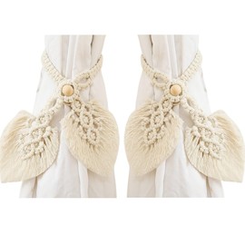 janeunique Pack of 2 Curtain Tiebacks Boho Decoration, Woven Leaves Macrame Curtain Holders, Curtain Rope Buckles for Living Room, Bedroom - Beige