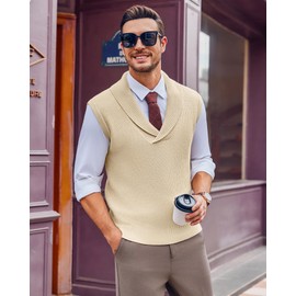 Beotyshow Mens Shawl Collar Pullover Sweater Vests V Neck Sleeveless Knitted Sweaters Beige