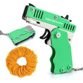 QKUDNGHY Kids Toys Cool Keychain Rubber Band Mini Metal Folding Rubber Launcher Toy with 60 Elastic Rubber Bands for Game Outdoor Activities (Green)