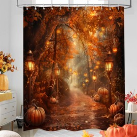 PAOPOED Cortina de ducha de calabazas de otoño, Halloween, otoño, cosecha de Acción de Gracias, bosque, senderos rurales, decoración de baño, tela de poliéster impermeable de 72 x 78 pulgadas, cortina