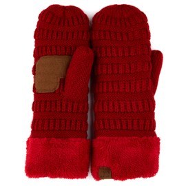 C.C CC Super Thick Fuzzy Fleeced Lined Warm Winter Knitted Mittens Gloves Solid Red