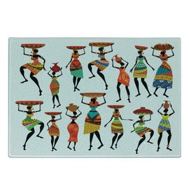 Ambesonne African Cutting Board, Pattern of Cool African Women Carrying Some Ethnic Ornaments on Their Heads Artprint, Decorative Tempered Glass Cutting and Serving Board, Small Size, Multicolor