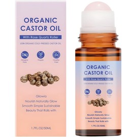 Organic Castor Oil with Rose Quartz Roller, Deep Hydration Skin Moisturizer, Castor Oil Roll On for Face, Body, Hair, Eyebrows, 50ml (1PC)