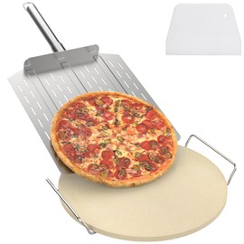 "DcYourHome 16 inch Round Pizza Stone with Rack for Oven, BBQ Grilling, Natural Cordierite Pizza Stone Kit with Pizza Peel & Plastic Scraper for Baking Bread, Universal High Temperature Baking Stone"
