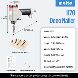 meite 1170 Pneumatic Deco Nail Gun 7/16 Inch (11.7mm) Head Diameter Air Decorative Tack Nailer Pins Nailer for Sofa Leather, Upholstering Furniture