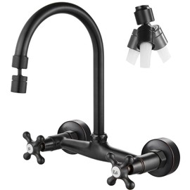 Airuida Wall Mount Kitchen Faucet with Sprayer Wall Mounted Kitchen Sink Faucet Double Cross Handles 360 Degree Swivel Spout Restaurant Mixer Tap Commercial 8 Inch Center Oil Rubbed Bronze