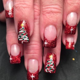 Mkwntg Christmas Press on Nails Short Square Fake Nails with Christmas Tree Designs Red Glitter French Tip False Nails Glossy Snowflake Winter Xmas Full Cover Glue on Nails for Women Manicure 24Pcs