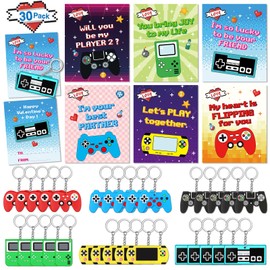AuroTops Valentines Day Cards for Kids, 30 Pack Video Game Controller Keychains with Valentines Day Cards for Valentine School Party Favors for Kid Boys Girls, Kids Exchange Valentine's Day Gifts