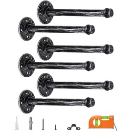 LuckIn 8-Inch Pipe Shelf Brackets for Floating Shelves, Unique Industrial Style, Silver Black, 6 Pack