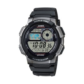 Casio AE1000W Series | Men’s Digital Watch | Black/Black | 100M WR | Multi Alarms | 100 SEC Stopwatch | Countdown Timer | World Map for World Time | LED Light | LC Analog Display | 10 Year Battery