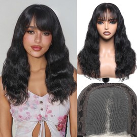 WIGNEE 4x4 Lace Human Hair Wig with Bangs Natural Wavy Human Hair Wigs For Black Women Midemun Length Wigs Human Hair for Daily Use（16 Inches）