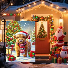 BlissYard Christmas Garden Flag 12x18 Inch Highland Cow Tree Flag Double Sided Cute Animal Holiday Banner Winter Farm Scene Outdoor Decoration for Lawn Porch
