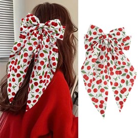 LLAOIMB Cherry Hair Bows Clips for Women, White Hair Bows Long Ribbon Hairpin Ponytail Holder Hair Accessories Fruit Hair Barrettes Cute Cherry Hair Clips Large Bowknot Hairpins French Hair Decoration