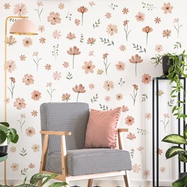 LOONELO Floral Wall Stickers, Small Flowers Grass Wall Clings, DIY Spring Summer Natural Pink Flower Wall Decals for Bedroom Living Room TV Office Home Decorations