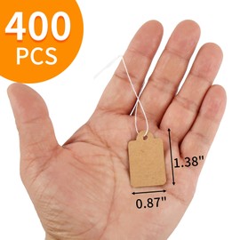 400 Pcs Price Tags with String Attached, 1.38" x 0.87" Brown Paper Hang Tags, Marking Strung Writable Garage Yard Tags, Kraft Display Label for Jewelry, Clothing, Retail, Labeling, Gift (Brown)
