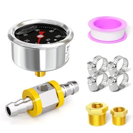 MEANLIN MEASURE 0-100Psi Stainless Steel Glycerin Filled Pressure Gauge 1/8" NPT 1.5" Black Dial, with 3/8" Barb Pressure Adapter Liquid Filled Pressure Gauge (9Pieces Kit, Back Mount)