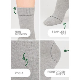 LAETAN Women's Diabetic Crew Socks, Soft Rayon made from Bamboo | Loose Fit, Seamless, Wide Stretchy, Non-Binding | 3 Pairs, Light Grey, Shoe Size: 10-12