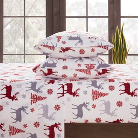 Flannel Sheets Warm and Cozy Deep Pocket Breathable All Season Bedding Set with Fitted, Flat and Pillowcases, Queen, Buffalo Deer