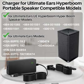DC 19V Charger Compatible with Hyperboom Speaker Ultimate Ears Adapter for UE Boom Charger Portable Wireless Speaker S00175 884-001085 984-001591 984-001689 DSA-90PFE-19 2 190474 534-000854 Power Cord