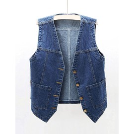Peaceglad Womens Casual Jean Vest V Neck Open Front Button Down Sleeveless Denim Jacket with Pockets(DarkBlue,L)