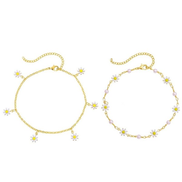 Kokoma Daisy Flower Anklet for Women 2-Pack Pearl Floral Boho