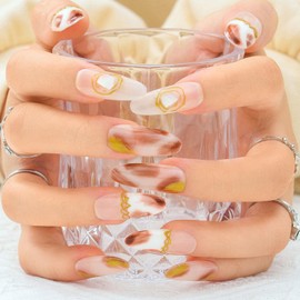 Sethexy Long Stiletto Round False Nails Brown Acrylic Handmade Press On Nails Glitter Fall Fake Nails Salon Stick On Nails 10PCS (4)