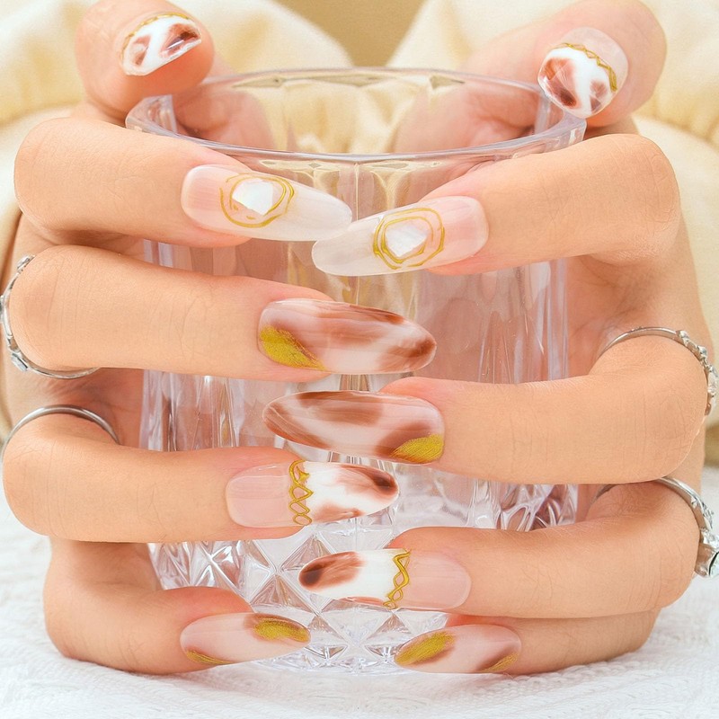 Sethexy Long Stiletto Round False Nails Brown Acrylic Handmade Press