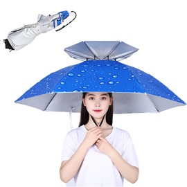 Rain Hat Sun Protection Umbrella Hat Parasol Head Umbrella Foldable with Elastic Band Double Layer 360 Degree Against UV Radiation for Outdoor Sports Fishing Camping Hat Sun Protection Beach, blue