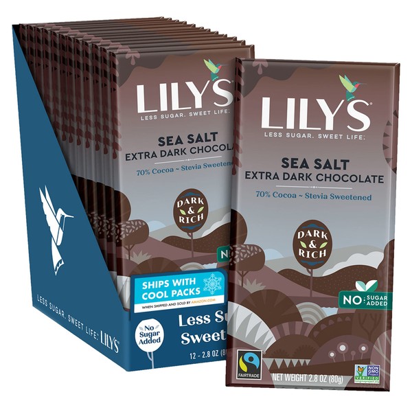 LILY'S Sea Salt Extra Dark Chocolate Style, Individually Wrapped, Gluten Free, Bulk No Sugar Added Sweets Bars, 2.8 oz (12 Count)