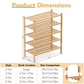 Haddockway 5 Tier Bamboo Shoe Rack Storage Organizer, Multifunctional Free Standing Stackable Shoe Shelf with Grid Panel for Closet,Hallway,Entryway,Small Space 27"x11"x32" (Natural, 5 Tier)