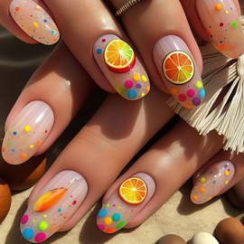 Spring Summer Press on Nails Medium Almond Fake Nails with Fruits Colorful and Colorful Design Nude False Nails Glossy Stick on Nails Full Cover Artificial Nails Reusable Acrylic Glue on Nails Kit