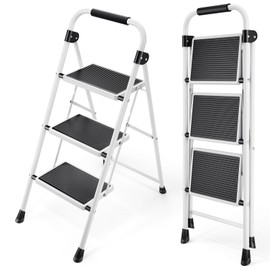 Step Ladder, Folding Step Stool with Wide Anti-Slip Pedal, Sturdy Steel Ladder, Convenient Handrail, Lightweight, Portable Steel Step Stool