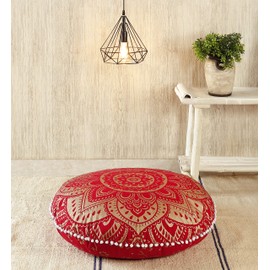 Popular Handicrafts Floor Pillow Cushion Cover - Large Hippie Mandala Pouf Cover Round with Pom Pom Soft Particles, Bohemian Yoga Decor, Intricate Pattern, 32" Red Fire