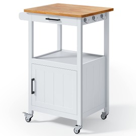 Qsun Rolling Kitchen Island Cart with with Drawer, Storage on Wheels, Small Home Coffee Bar, Microwaves Stand, Table/ Cabinet and Side Hook, White…