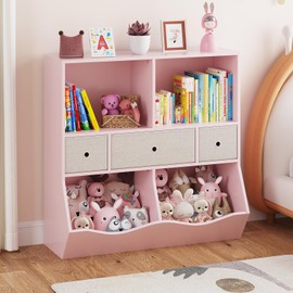 Amyove Kids Bookshelf and Bookcase Toy Storage Multi Shelf with Cubby Organizer Cabinet and Drawers for Boys Girls, for Children's Room, Playroom, Hallway, Kindergarten, School (Light Pink)