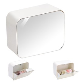 Realand Wall Qtip Holder with Mirror, Push Type Adhesive Bathroom Wall Organizer Dispenser with 2 Compartments for Cotton Swabs Balls Rounds Floss Pick Makeup Pads Hair Tie, Large