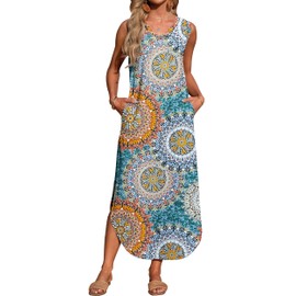 WNEEDU Women's Summer Dresses, Long Beach Dresses, V-Neck Maxi Dresses, Sleeveless A-line Dresses with Pockets, Green print.