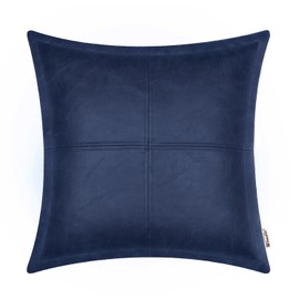 BRAWARM Navy Blue Leather Throw Pillow 18 X 18 Inches, Faux Leather Pillow Cover with Piping, Hand Stitched Decorative Throw Pillow Covers for Couch Sofa Bed Living Room Garden