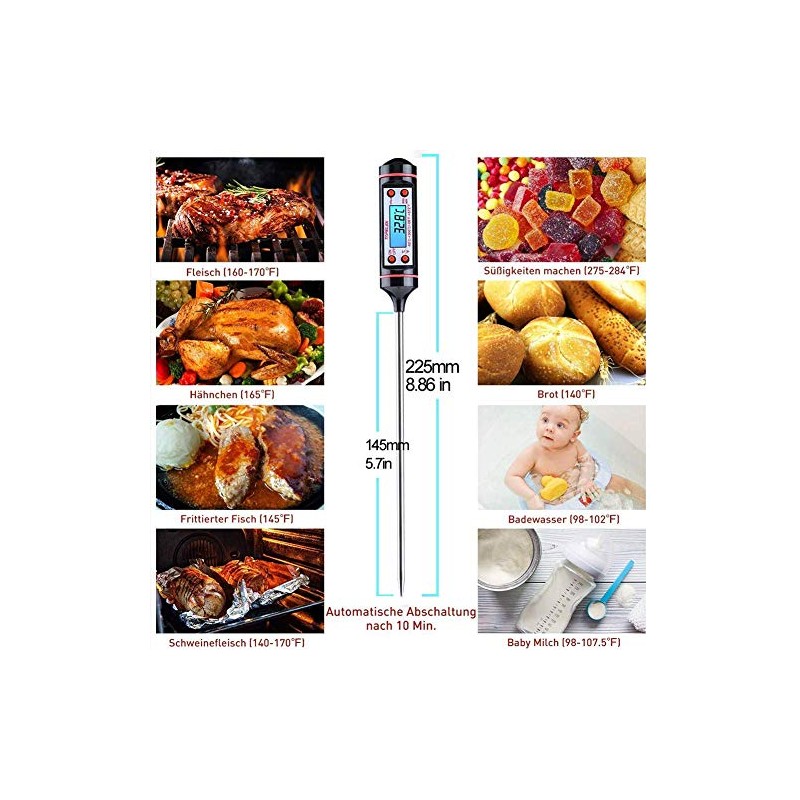 Termómetro de Cocina Digital, Pantalla LCD, Pincho Acero Inoxidable, Negro