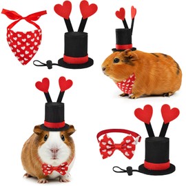 Vehomy Small Pet Valentine's Day Costume for Bunny Guinea Pig Valentines Day Rabbit Top Hat with Red Love Heart Décor Rabbit Valentines Bow Bandana Small Animal Bow Collar Scarf 4Pcs S