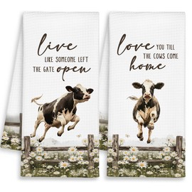 Farmhouse Funny Cow Kitchen Towels Set of 2,Live Like Someone Left The Gate Open Decorative Dish Towels Gift for Bathroom Farmer,Rustic Cottage Floral Hand Tea Bar Towel for Home Farm 16x24in