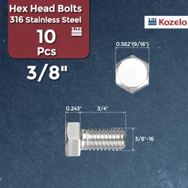 Kozelo 10 Pcs Hex Head Screws Bolts - [3/8"-16x3/4] 316 Stainless Steel Grade A4-70 Fully Threaded Hex Tap Hexagon Head Machine Bolts Right Hand External Hex Drive, Silver Tone